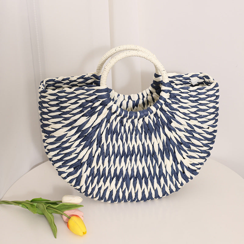 Niche Semicircle Portable Straw Weaved Bag Retro Color Hand Carrying Straw Bag Woven Bag Women Seaside Vacation Beach Bag Bella Mia